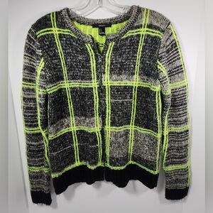 Forever 21 Women's Full Zip Knit Sweater Jacket Plaid Small Neon Green Black